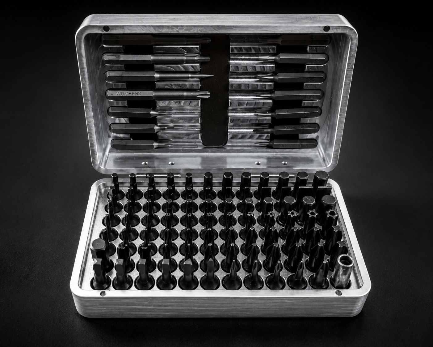 Premium CNC Machined Aluminum Precision Screwdriver Bit Organizer Case – 90+ Bit Storage
