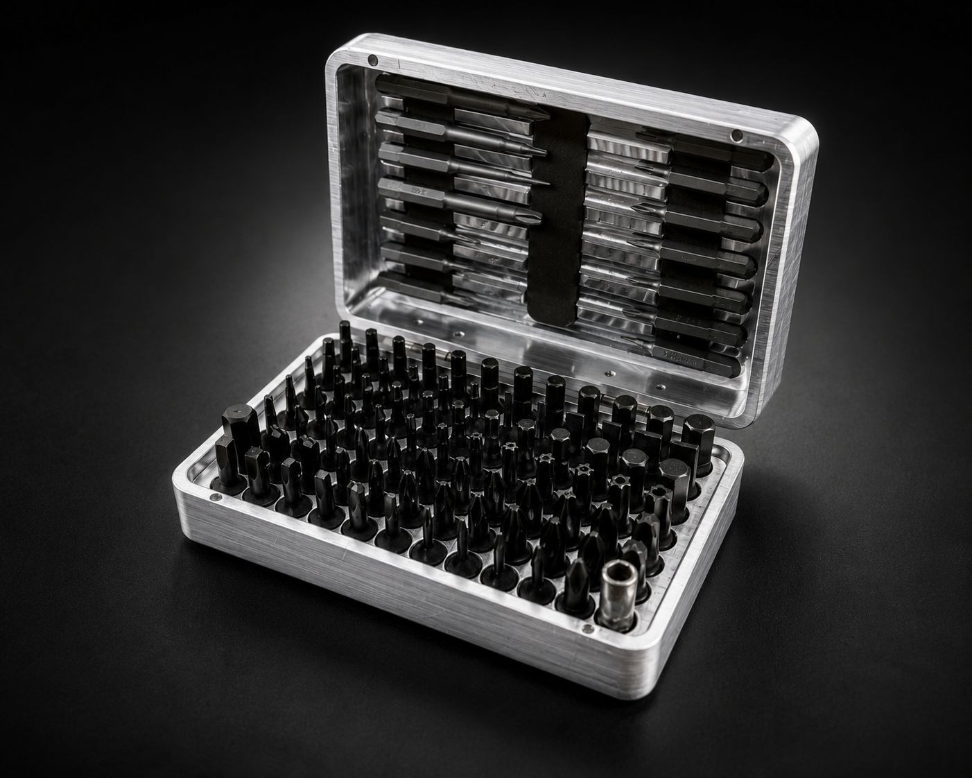 Premium CNC Machined Aluminum Precision Screwdriver Bit Organizer Case – 90+ Bit Storage