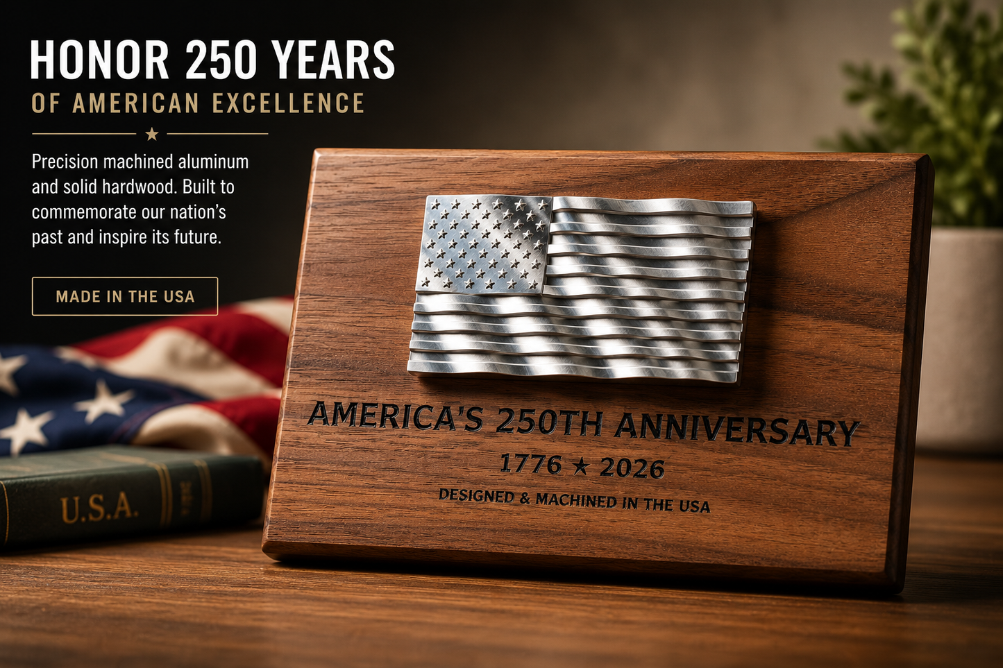 America's 250th Anniversary CNC Machined American Flag Plaque | Walnut & Aluminum | Patriotic Desk Decor | Made in USA | 1776–2026