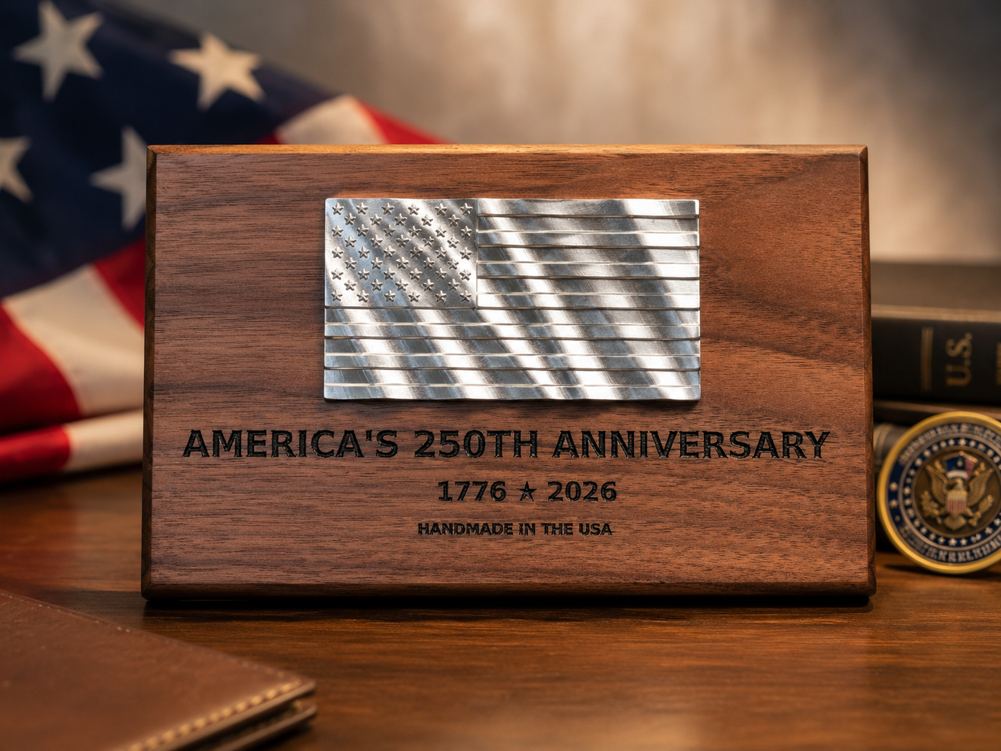 America's 250th Anniversary CNC Machined American Flag Plaque | Walnut & Aluminum | Patriotic Desk Decor | Made in USA | 1776–2026