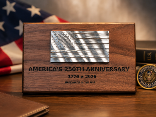 America's 250th Anniversary CNC Machined American Flag Plaque | Walnut & Aluminum | Patriotic Desk Decor | Made in USA | 1776–2026