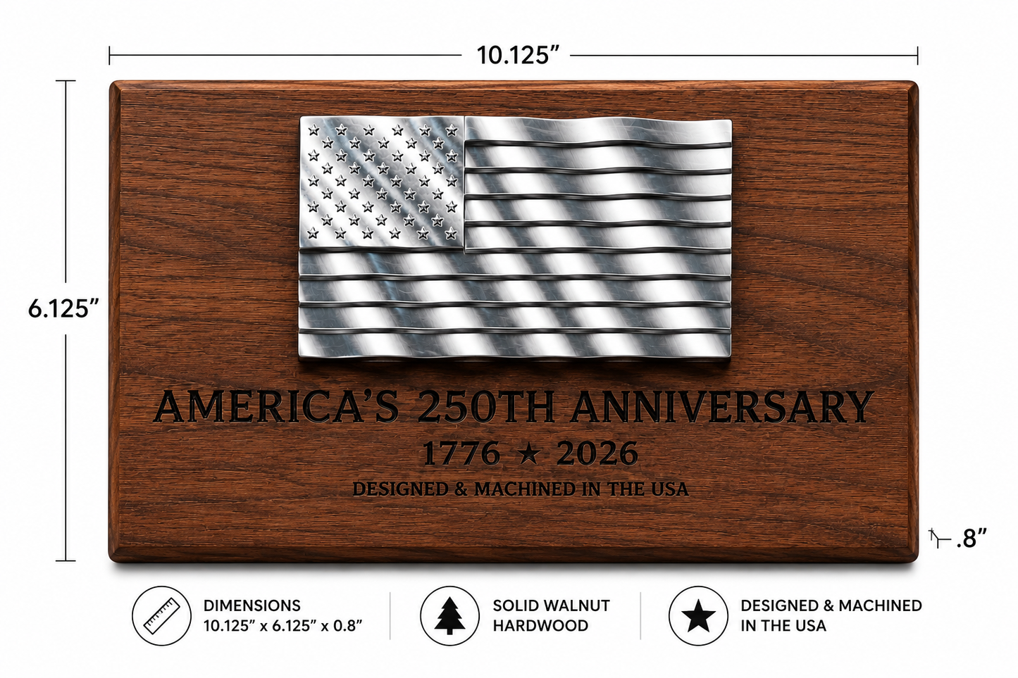 America's 250th Anniversary CNC Machined American Flag Plaque | Walnut & Aluminum | Patriotic Desk Decor | Made in USA | 1776–2026