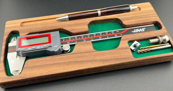 Caliper storage tray with slot for pen and small parts 